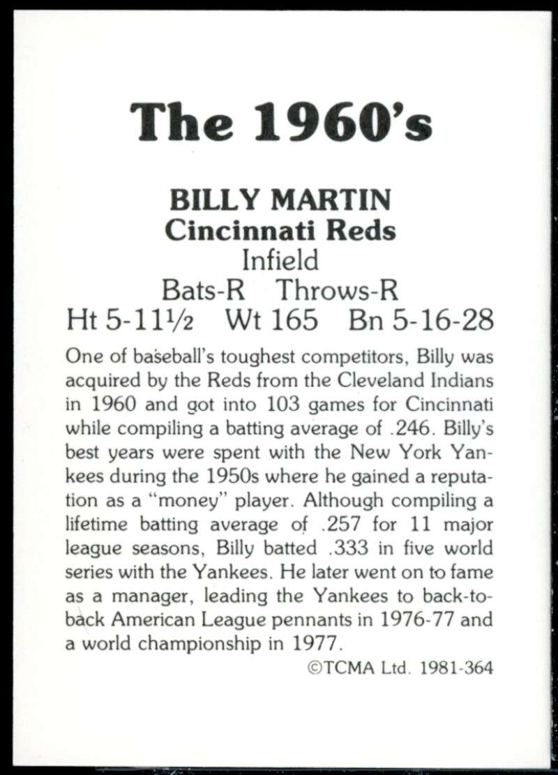 Billy Martin Card 1981 TCMA 60's II #364  Image 2