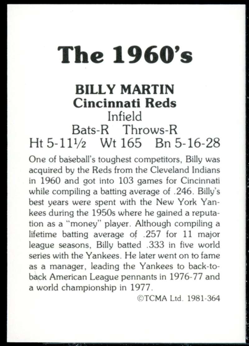 Billy Martin Card 1981 TCMA 60's II #364  Image 2