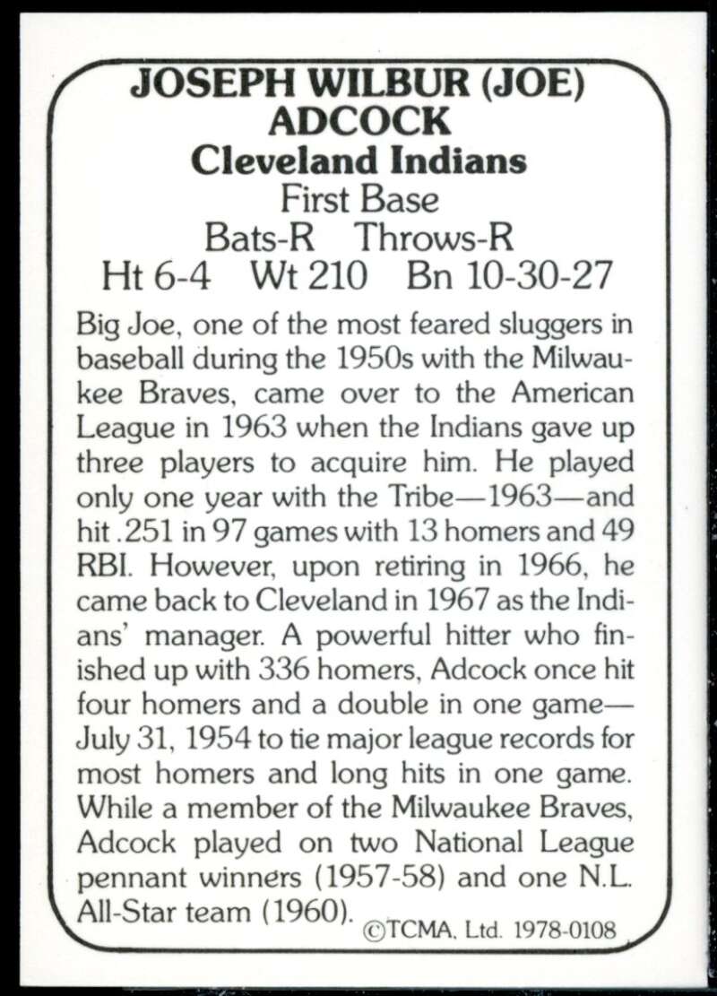 Joe Adcock Card 1978 TCMA 60'S I #108  Image 2
