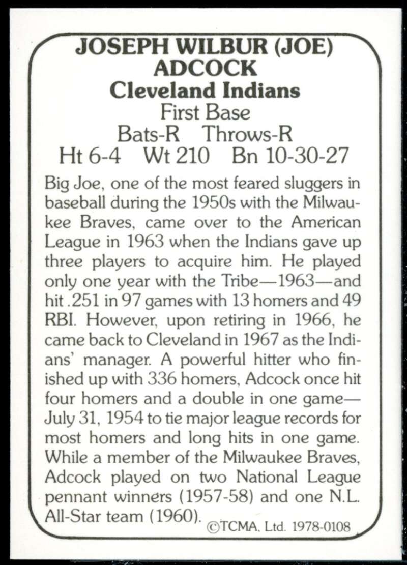 Joe Adcock Card 1978 TCMA 60'S I #108  Image 2