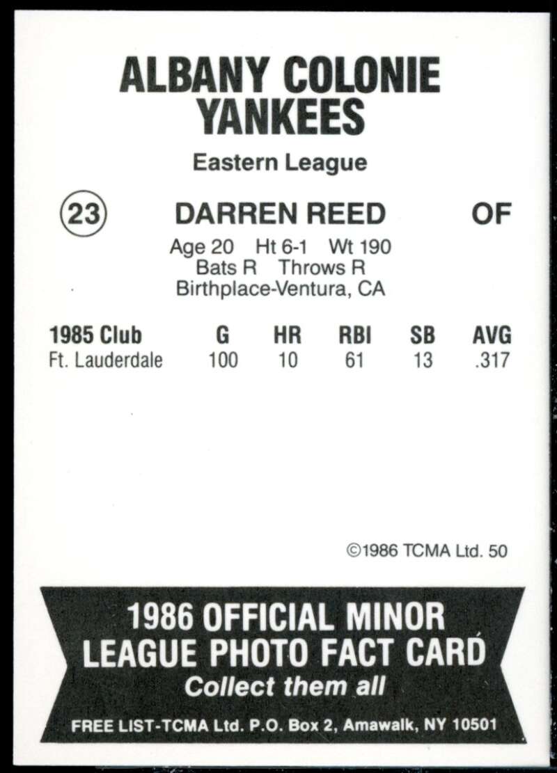 Darren Reed Minor League Rookie Card 1986 Albany-Colonie Yankees TCMA #23  Image 2