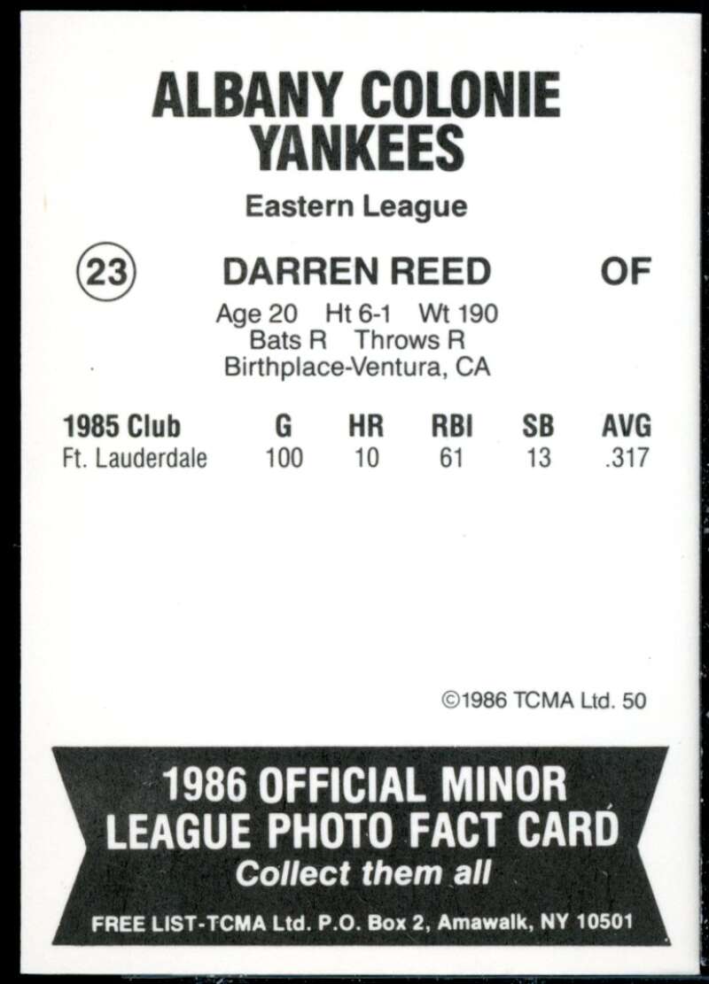 Darren Reed Minor League Rookie Card 1986 Albany-Colonie Yankees TCMA #23  Image 2