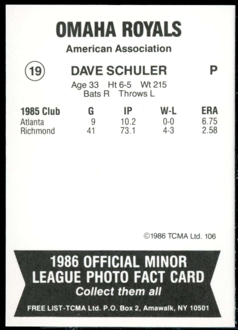 Dave Schuler Minor League Rookie Card 1986 Omaha Royals TCMA #19  Image 2