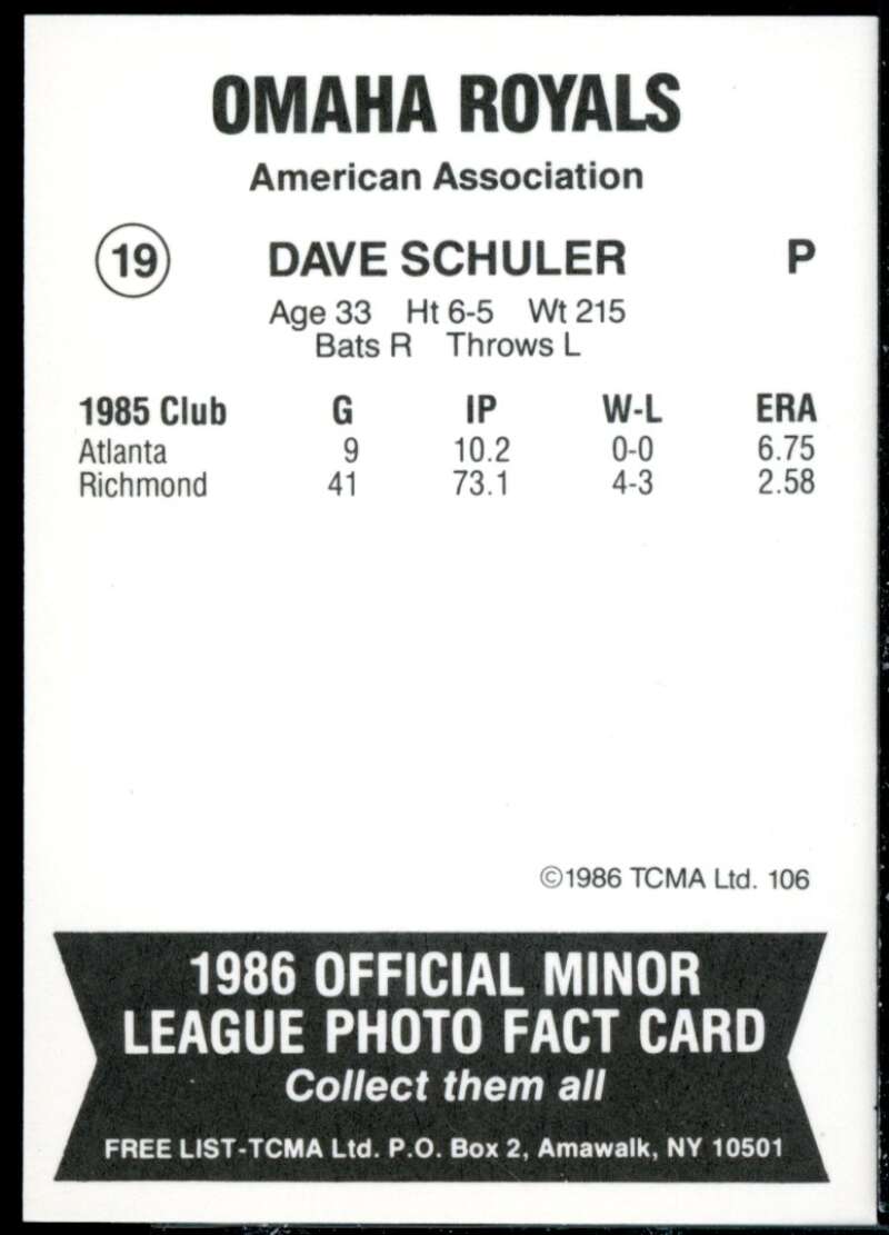 Dave Schuler Minor League Rookie Card 1986 Omaha Royals TCMA #19  Image 2