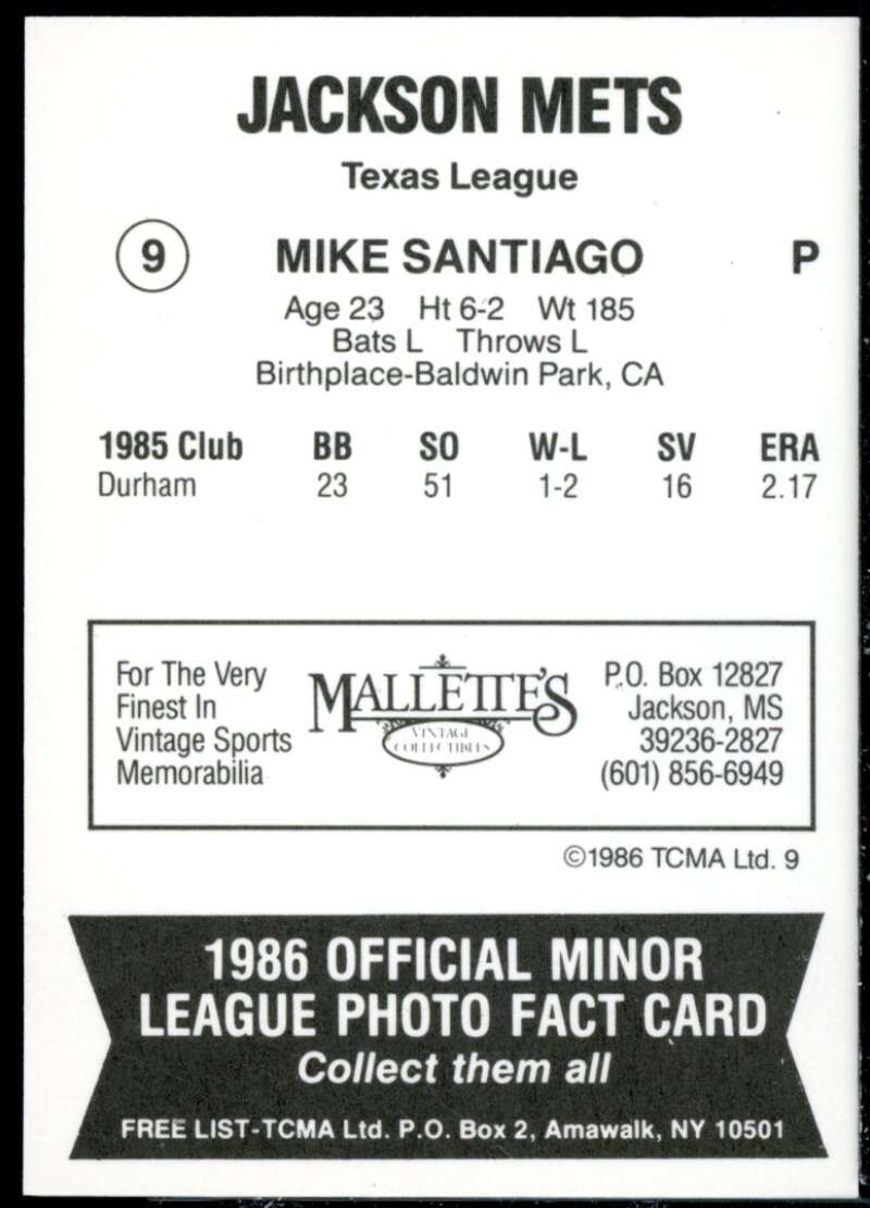 Mike Santiago Minor League Rookie Card 1986 Jackson Mets TCMA #9  Image 2