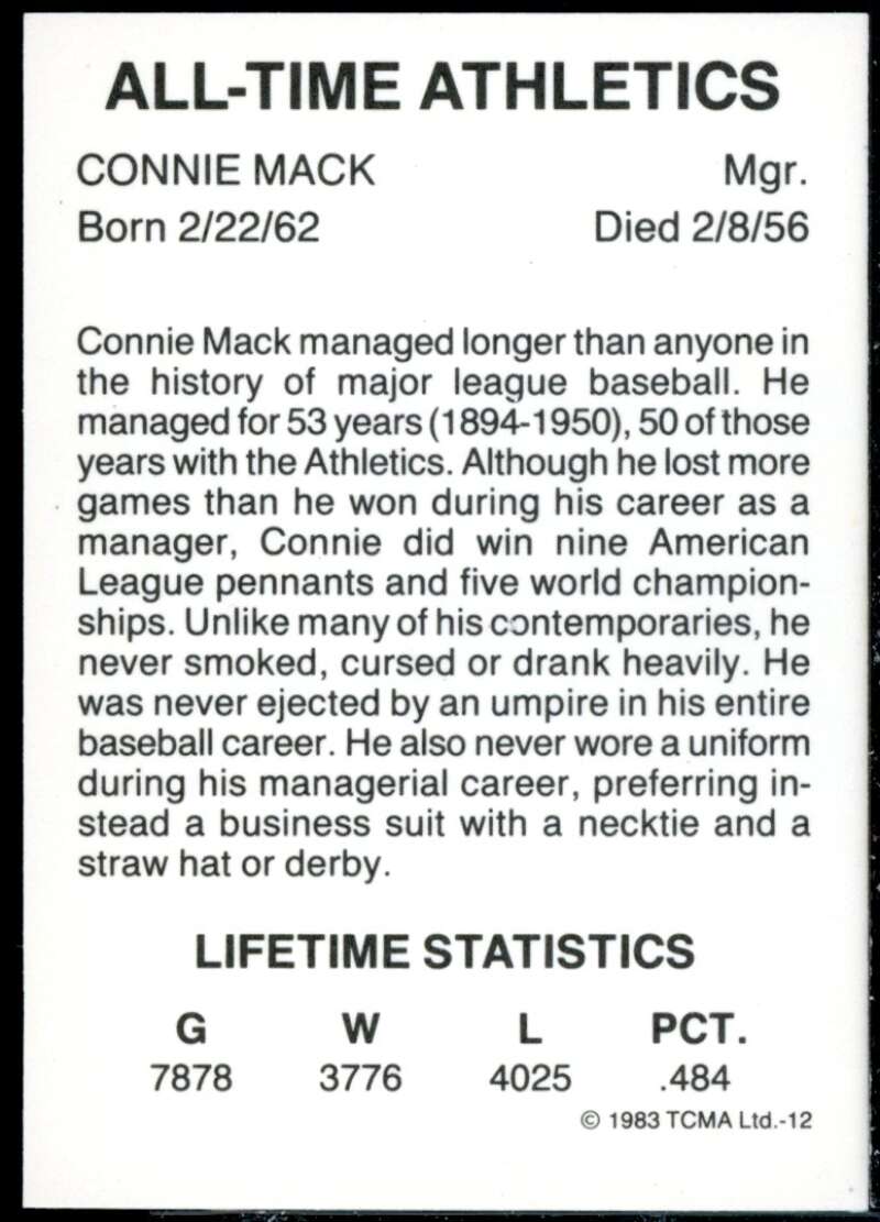 Connie Mack Card 1983 A's Greats TCMA #12  Image 2