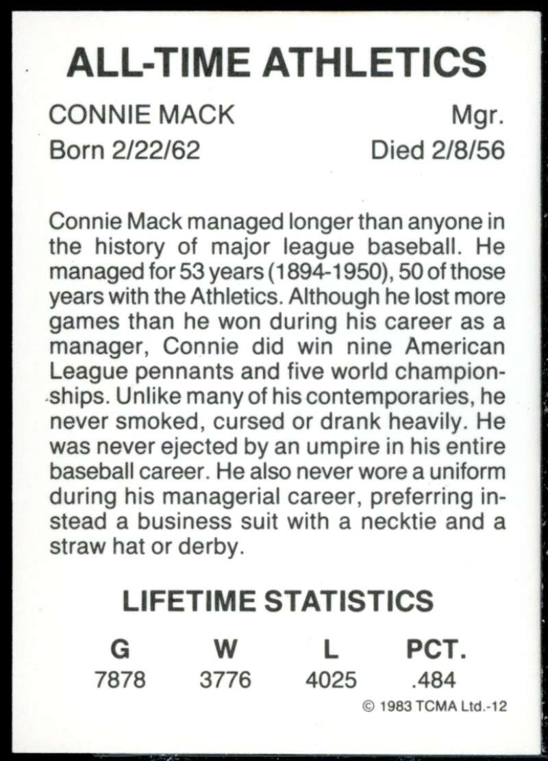 Connie Mack Card 1983 A's Greats TCMA #12  Image 2
