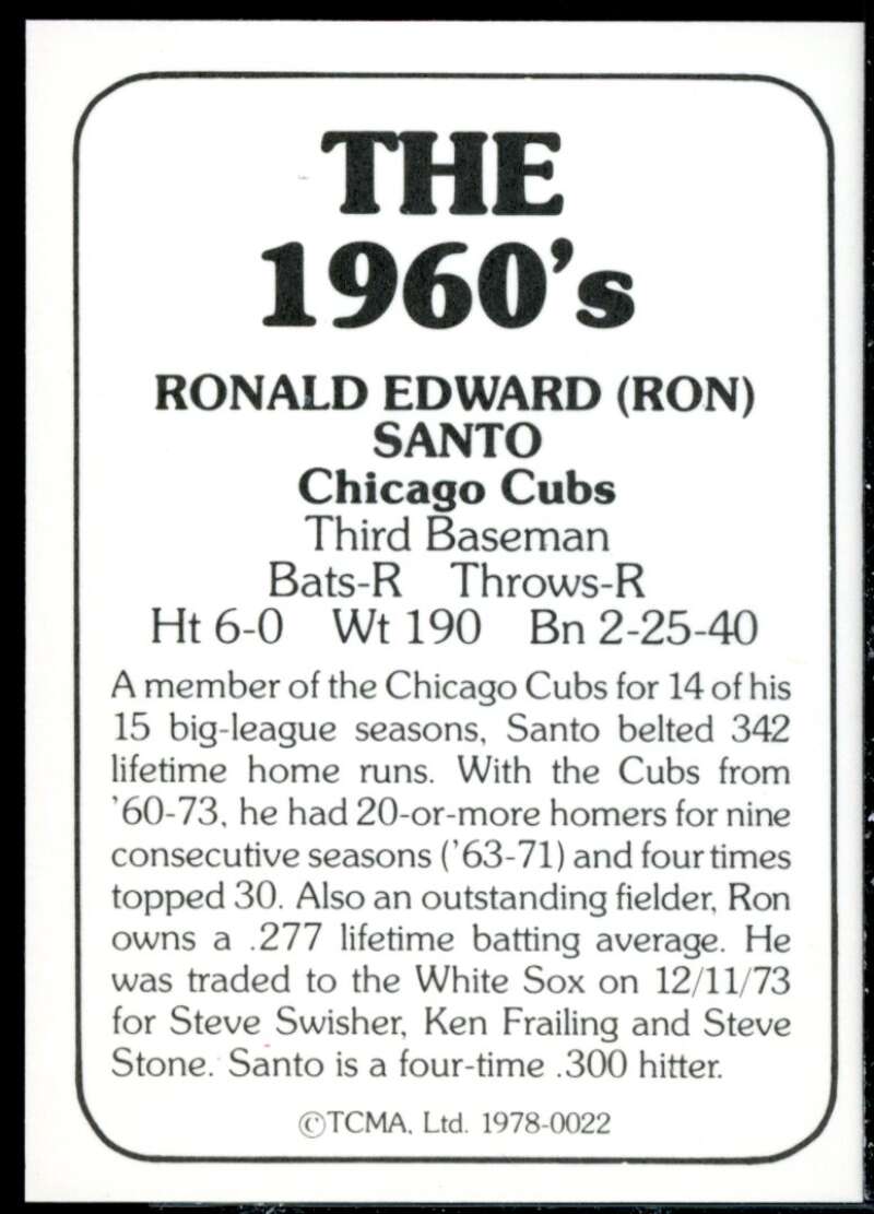 Ron Santo Card 1978 TCMA 60'S I #22  Image 2