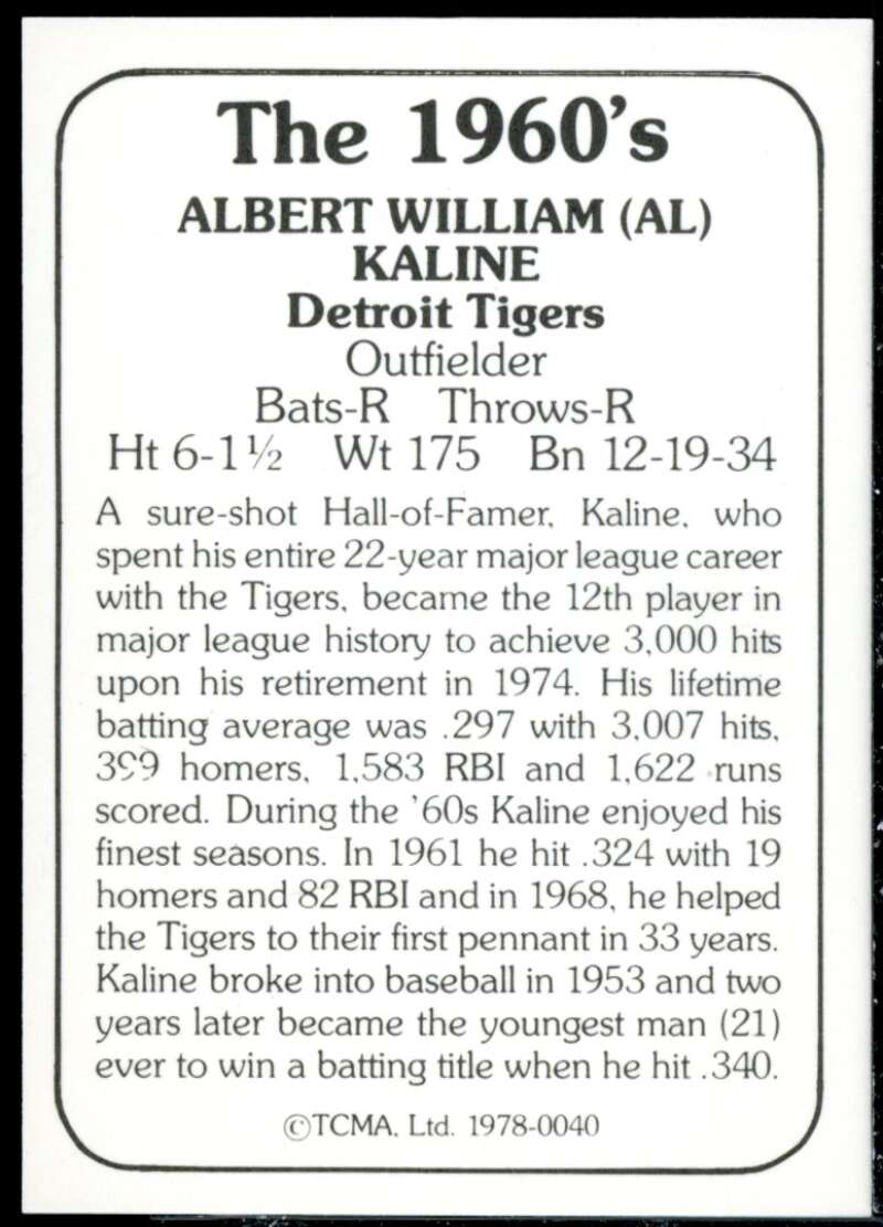 Al Kaline Card 1978 TCMA 60'S I #40  Image 2