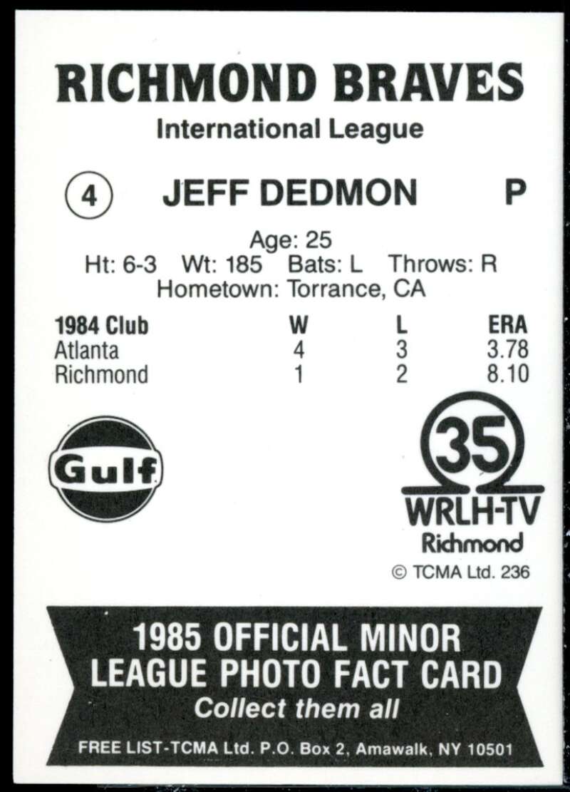 Jeff Dedmon Minor League Rookie Card 1985 Richmond Braves TCMA #4  Image 2