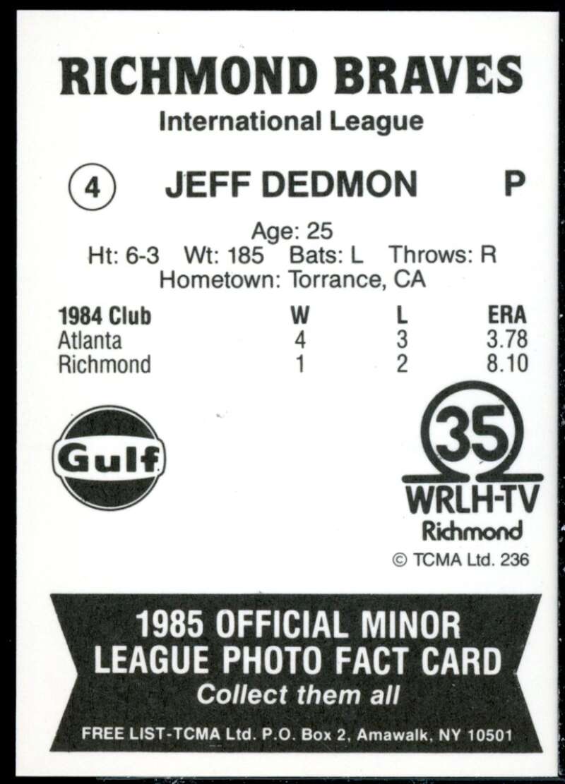 Jeff Dedmon Minor League Rookie Card 1985 Richmond Braves TCMA #4  Image 2