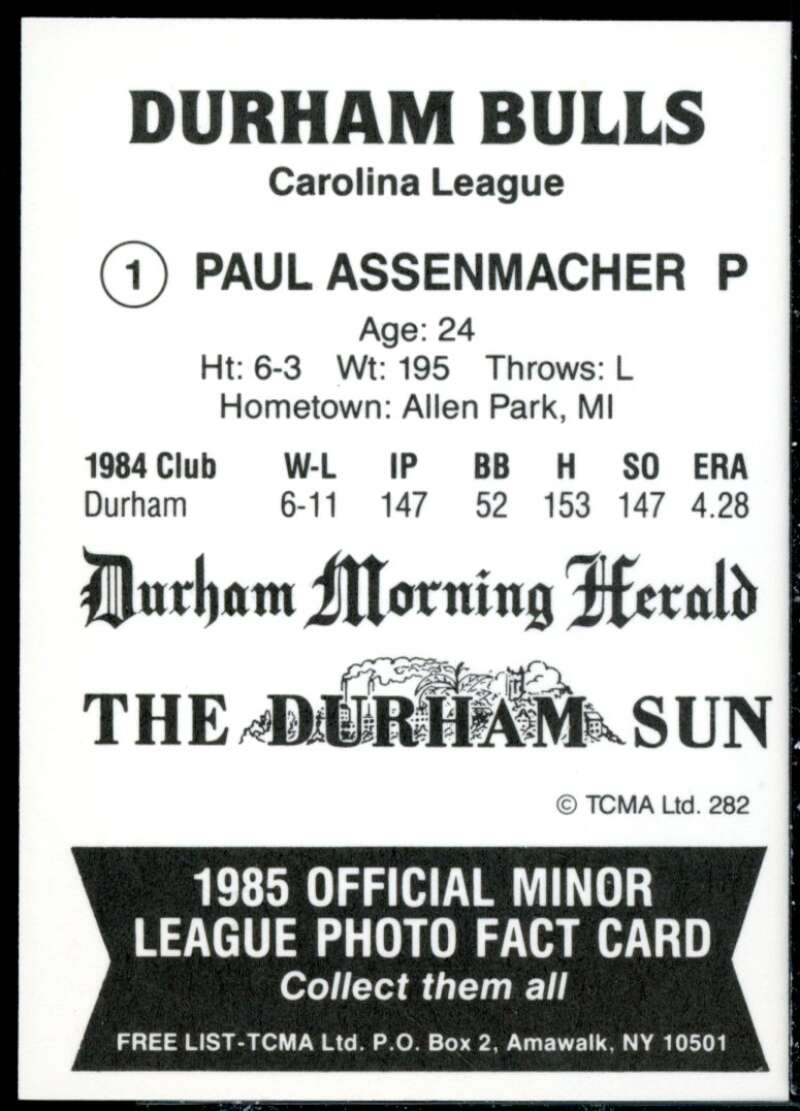 Paul Assenmacher Minor League Rookie Card 1985 Durham Bulls TCMA #1  Image 2