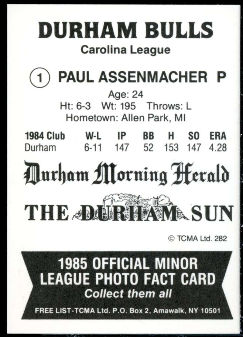 Paul Assenmacher Minor League Rookie Card 1985 Durham Bulls TCMA #1  Image 2