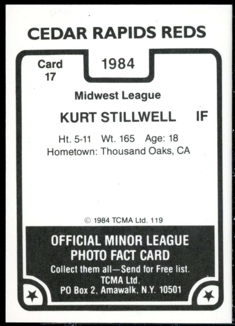 Kurt Stillwell Minor League Rookie Card 1984 Cedar Rapids Reds TCMA #17  Image 2