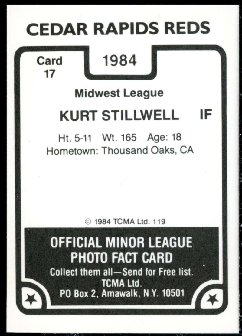 Kurt Stillwell Minor League Rookie Card 1984 Cedar Rapids Reds TCMA #17  Image 2