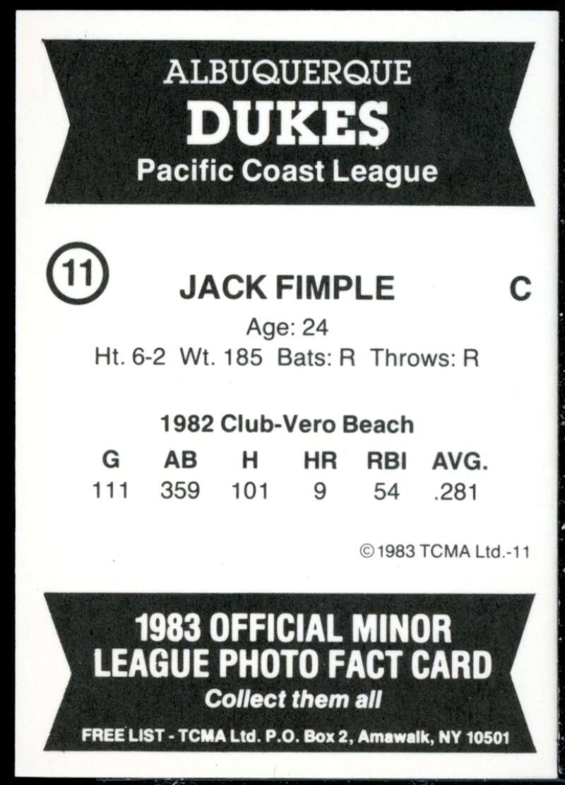 Jack Fimple Minor League Rookie Card 1983 Albuquerque Dukes TCMA #11  Image 2