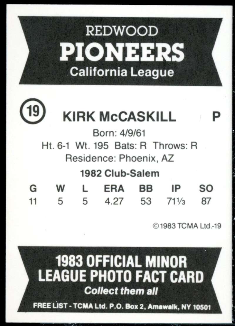 Kirk McCaskill Minor League Rookie Card 1983 Redwood Pioneers TCMA #19  Image 2