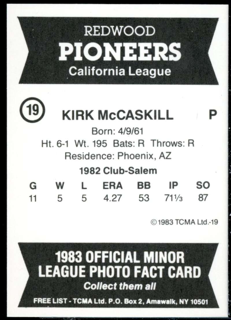 Kirk McCaskill Minor League Rookie Card 1983 Redwood Pioneers TCMA #19  Image 2