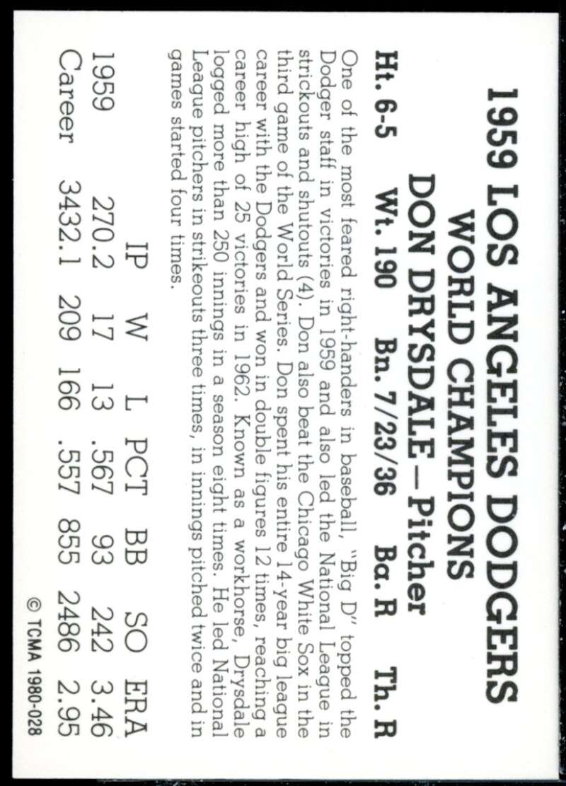 Don Drysdale Card 1980 Dodgers TCMA 1959 #28  Image 2