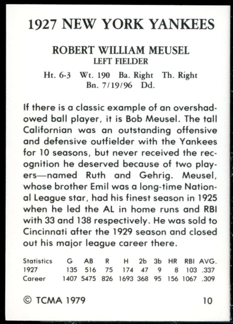 Bob Meusel Minor League Rookie Card 1979 Yankees 1927 TCMA #10  Image 2