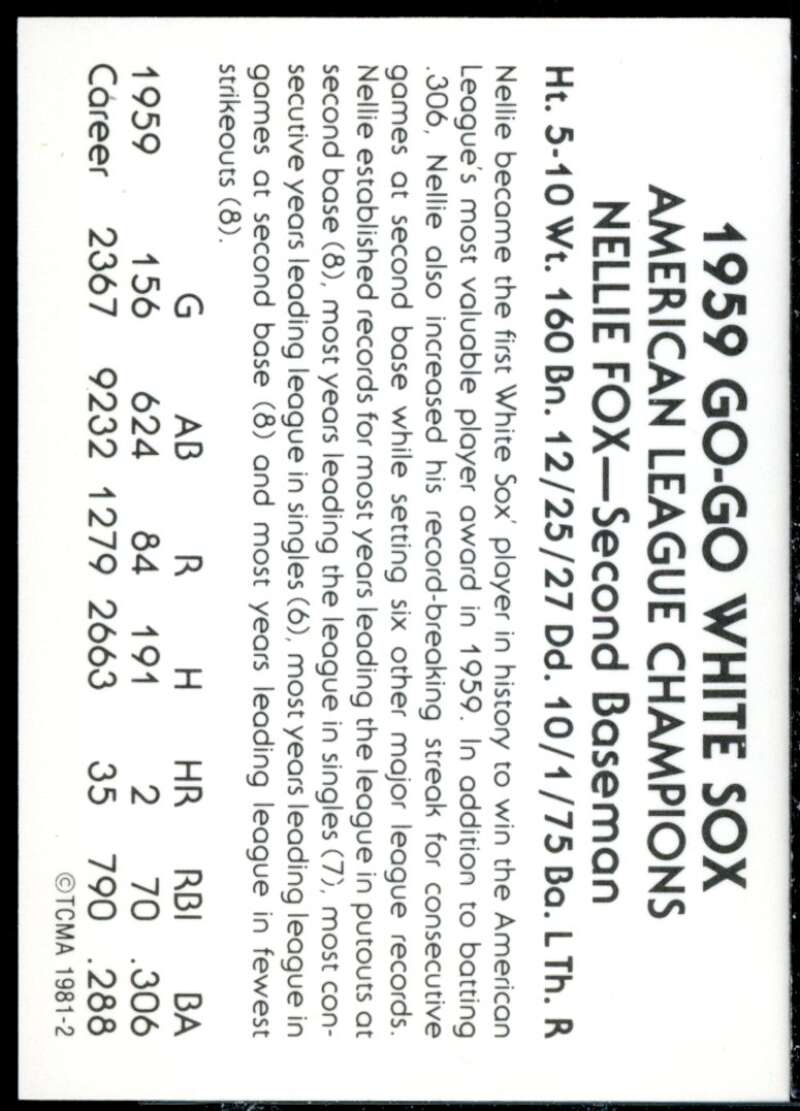 Nellie Fox Card 1981 White Sox 1959 TCMA #2  Image 2
