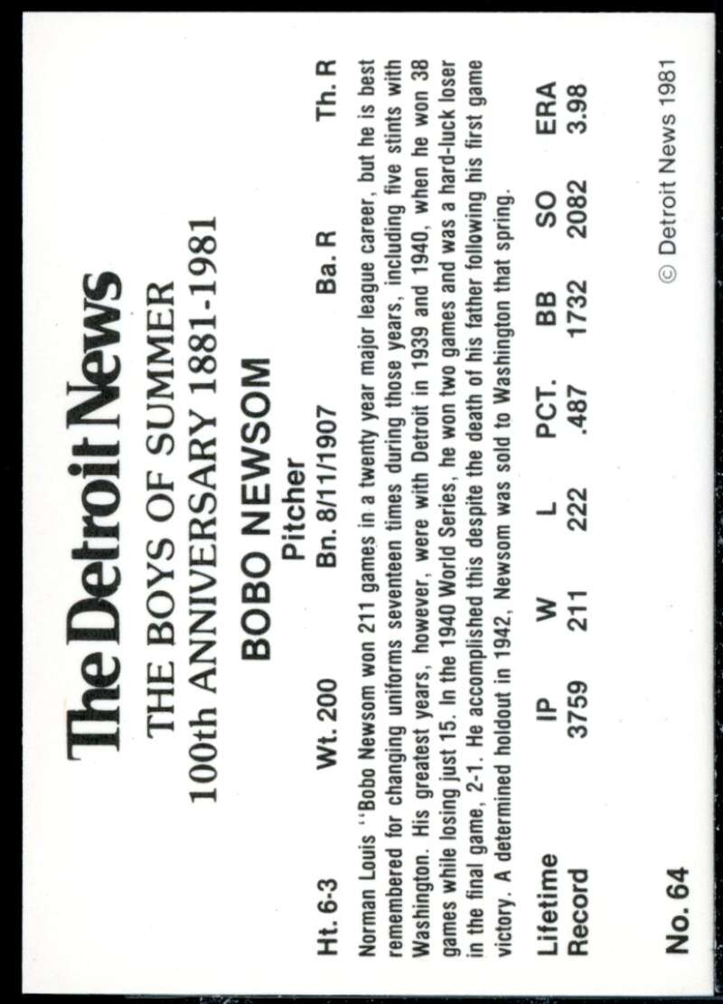 Bobo Newsom Card 1981 Tigers Detroit News #64  Image 2