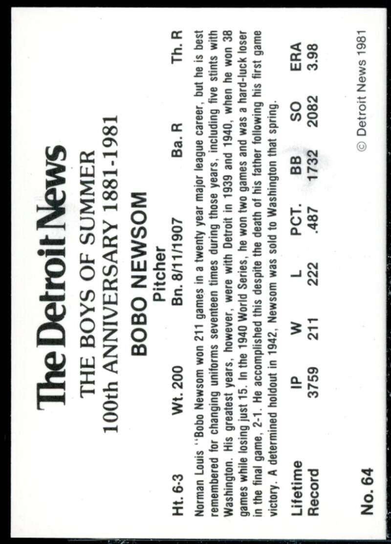 Bobo Newsom Card 1981 Tigers Detroit News #64  Image 2
