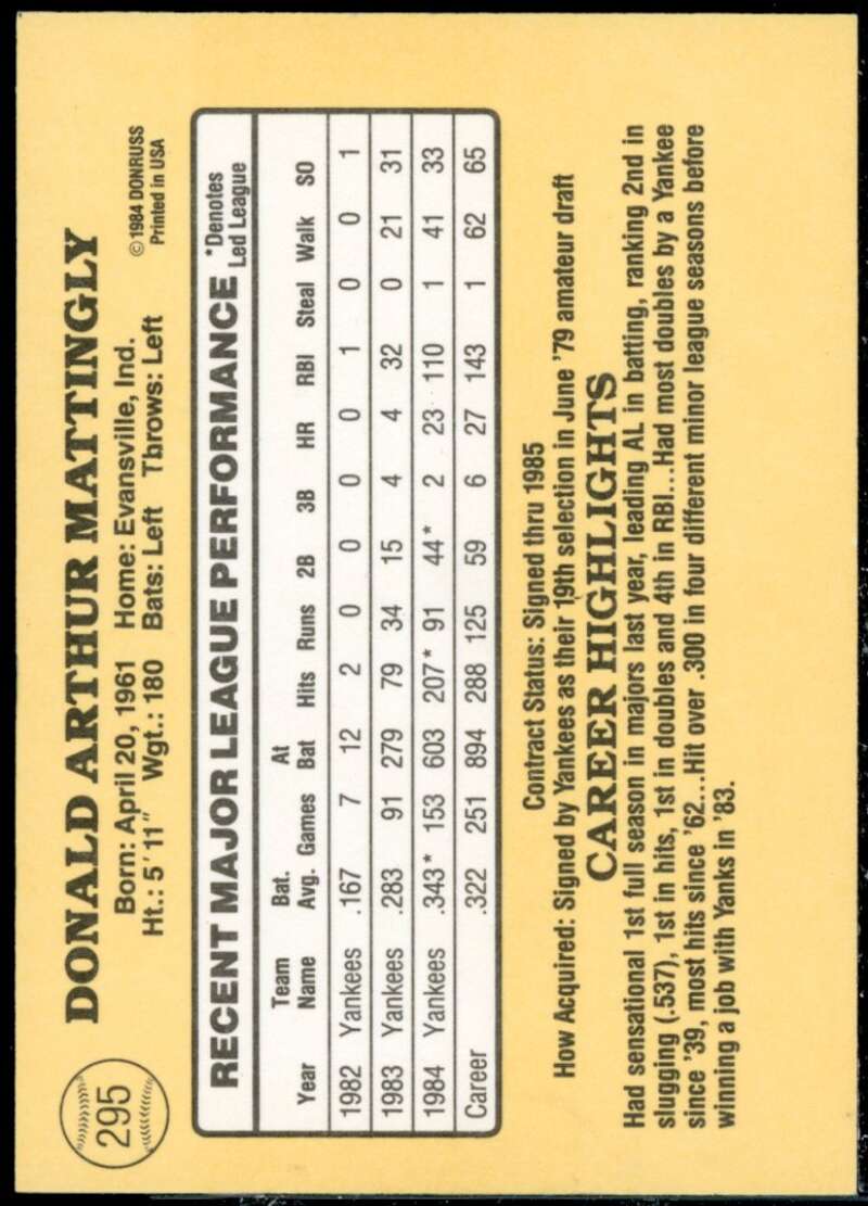 Don Mattingly Card 1985 Donruss #295  Image 2