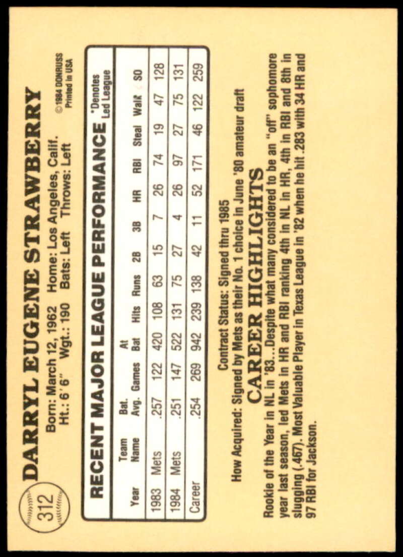 Darryl Strawberry Card 1985 Donruss #312  Image 2