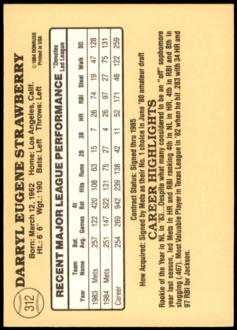 Darryl Strawberry Card 1985 Donruss #312  Image 2
