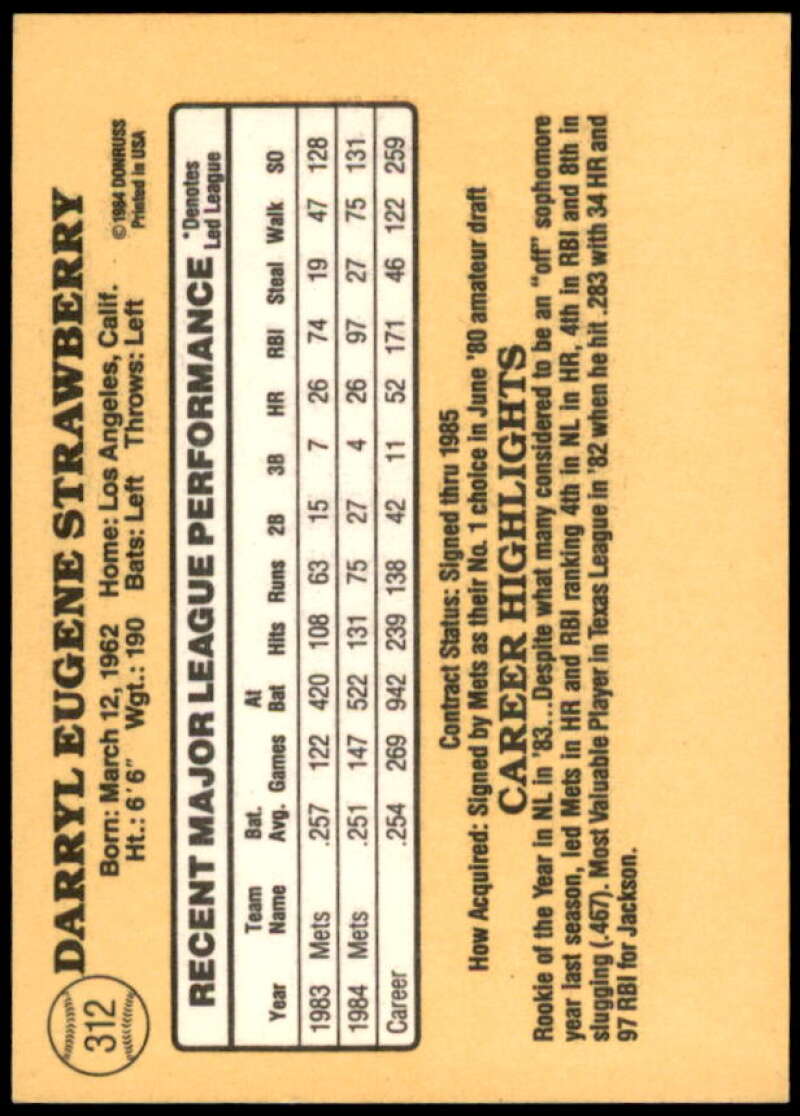 Darryl Strawberry Card 1985 Donruss #312  Image 2