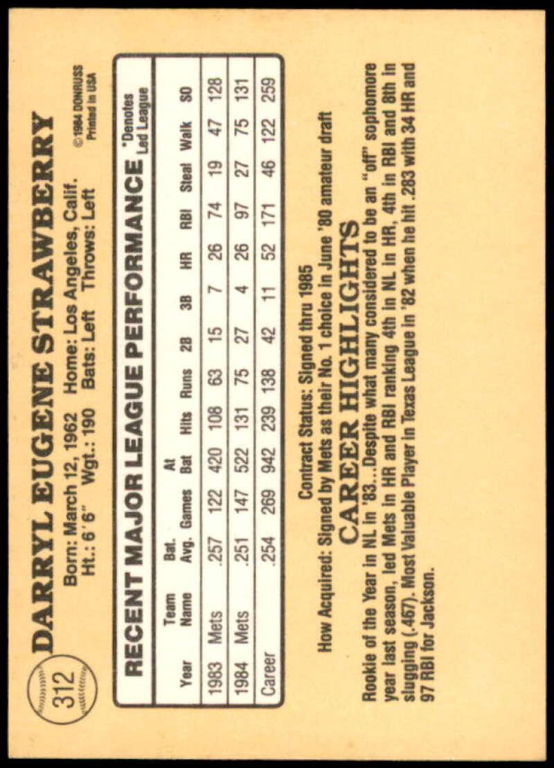 Darryl Strawberry Card 1985 Donruss #312  Image 2