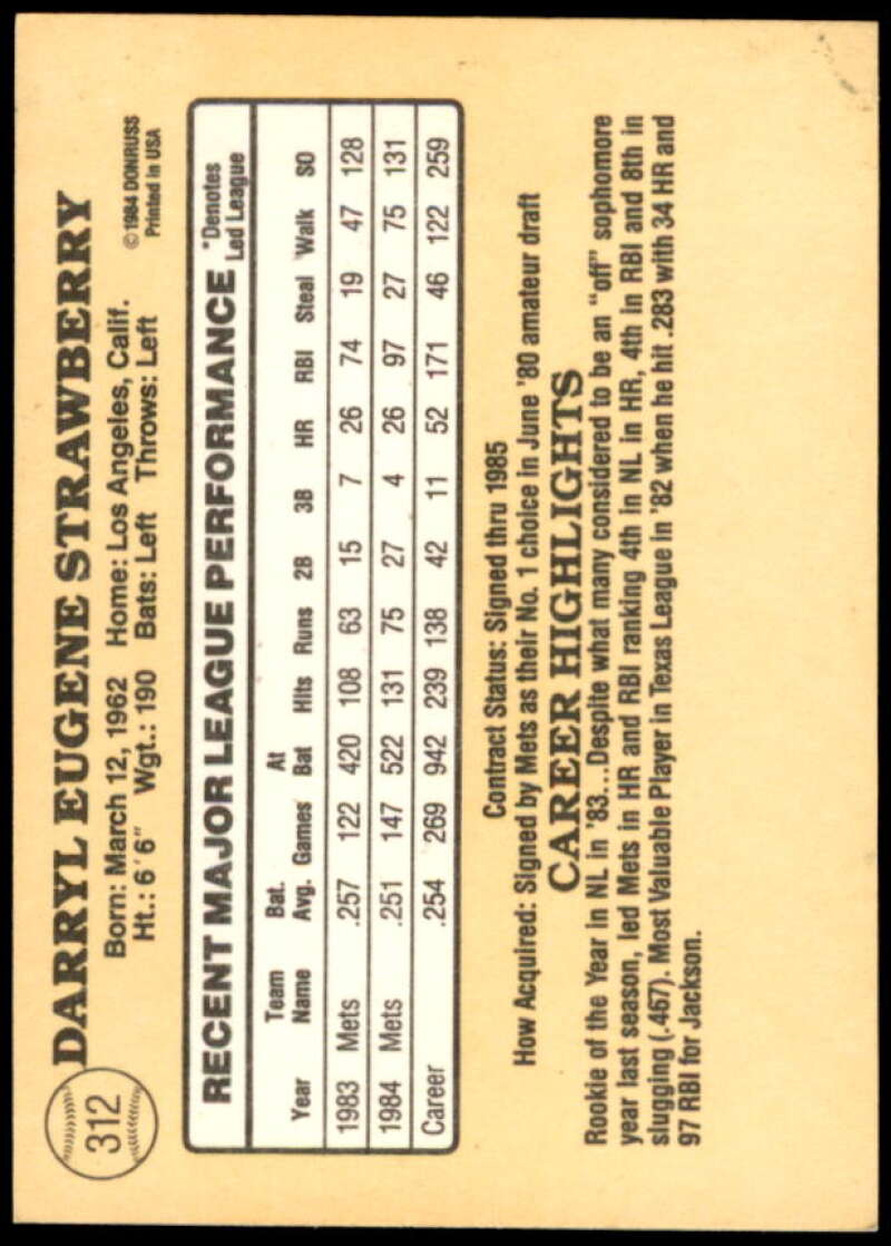 Darryl Strawberry Card 1985 Donruss #312  Image 2