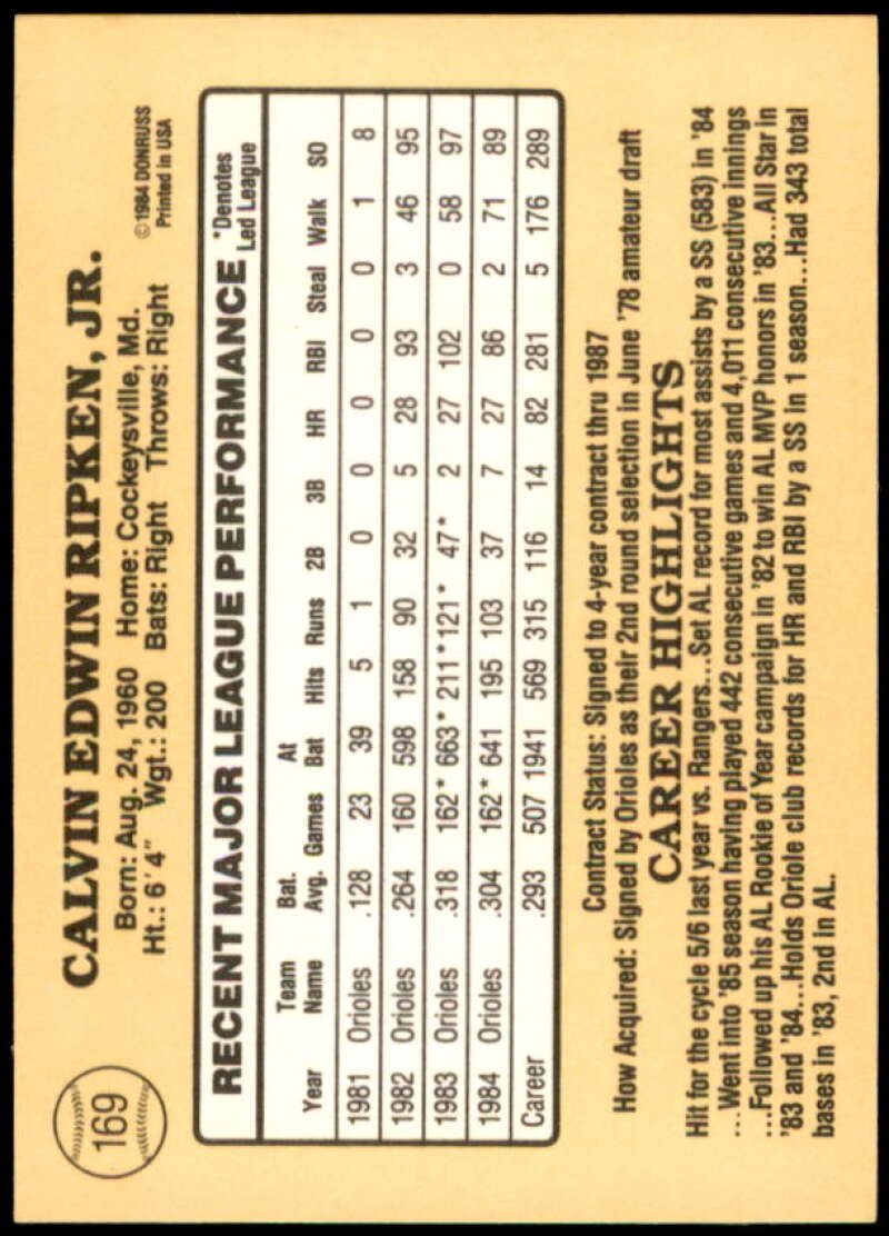 Cal Ripken Card 1985 Donruss #169  Image 2