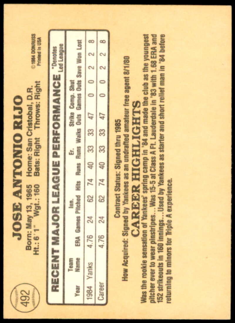 Jose Rijo Rookie Card 1985 Donruss #492  Image 2