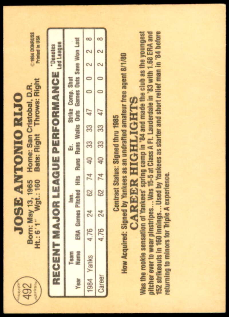 Jose Rijo Rookie Card 1985 Donruss #492  Image 2