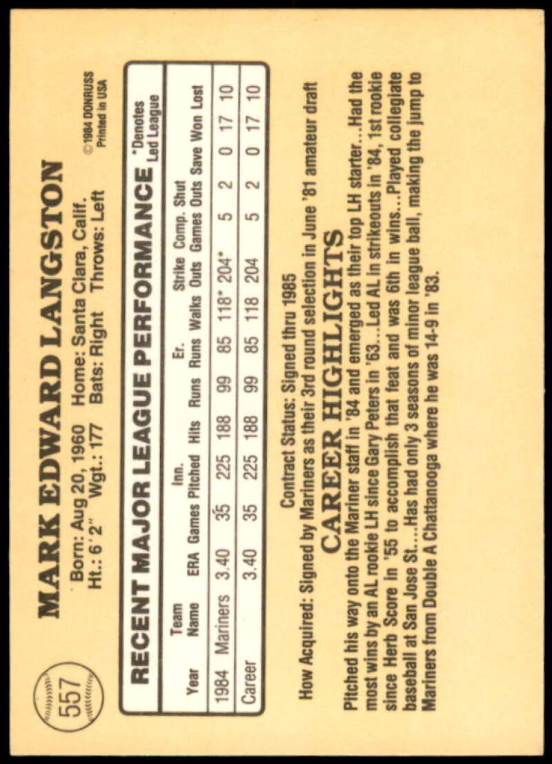 Mark Langston Rookie Card 1985 Donruss #557  Image 2