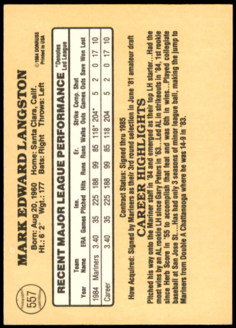 Mark Langston Rookie Card 1985 Donruss #557  Image 2