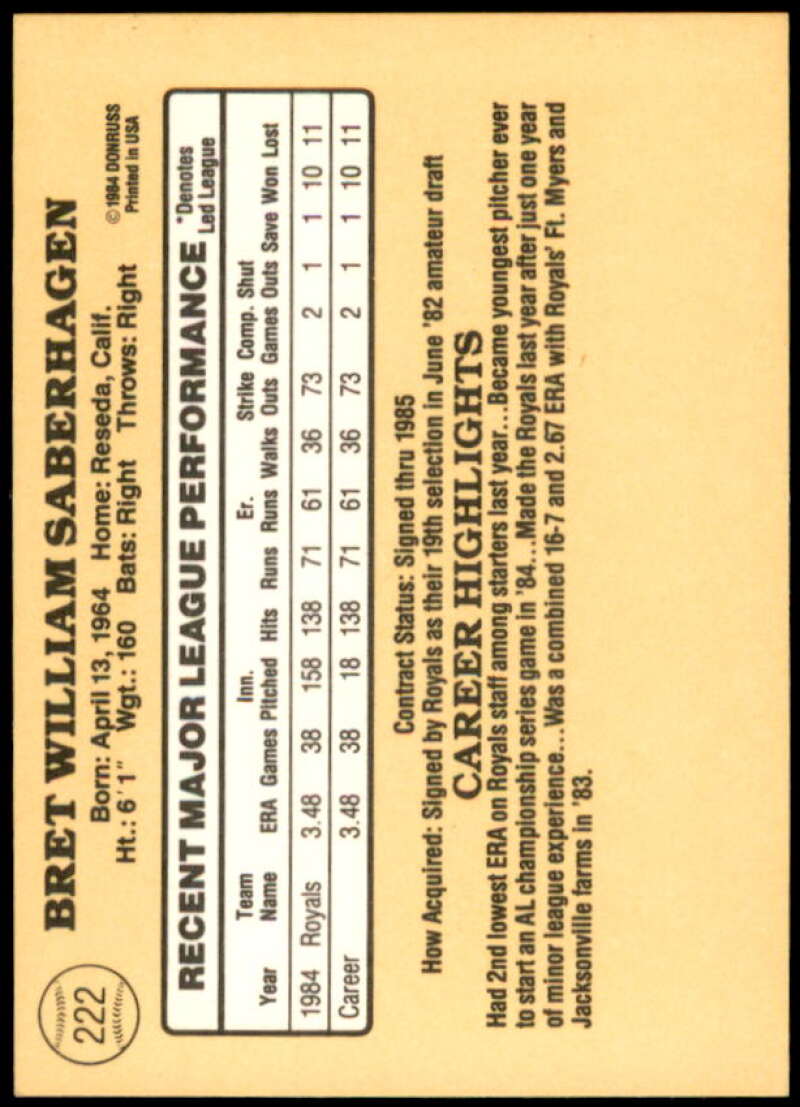 Bret Saberhagen Rookie Card 1985 Donruss #222  Image 2