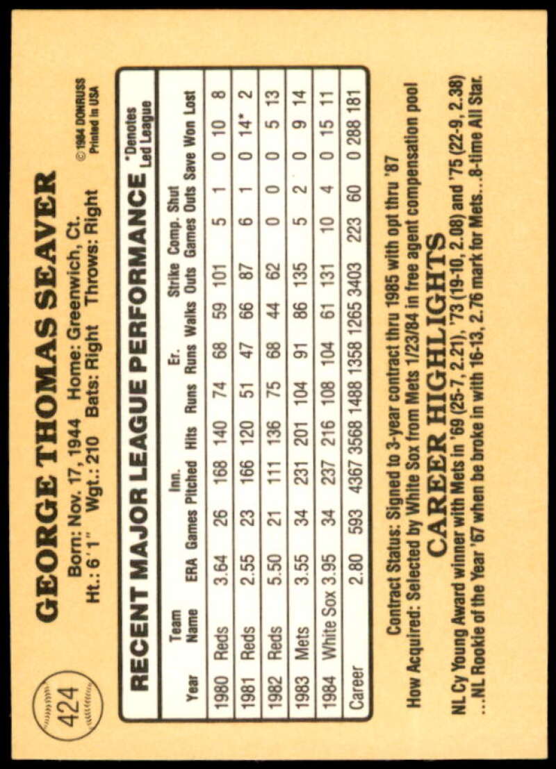 Tom Seaver ERR/Photo actually/Floyd Bannister Card 1985 Donruss #424A  Image 2