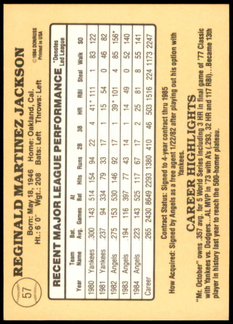 Reggie Jackson Card 1985 Donruss #57  Image 2