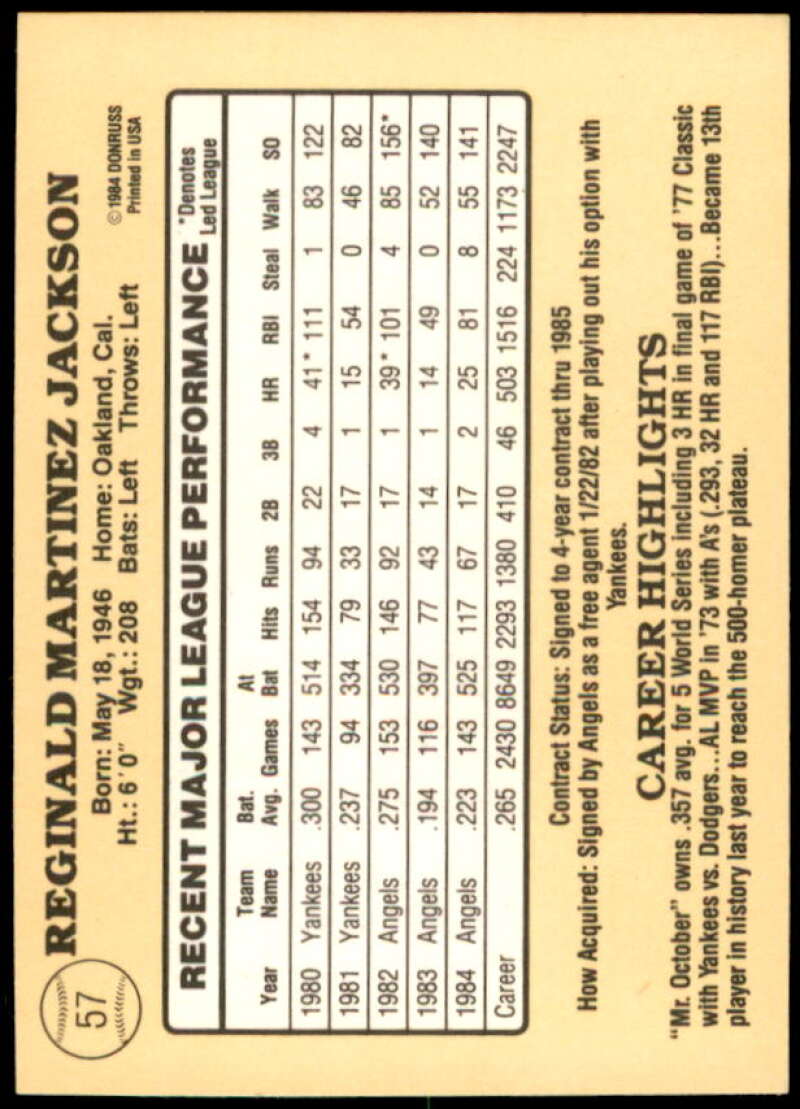 Reggie Jackson Card 1985 Donruss #57  Image 2