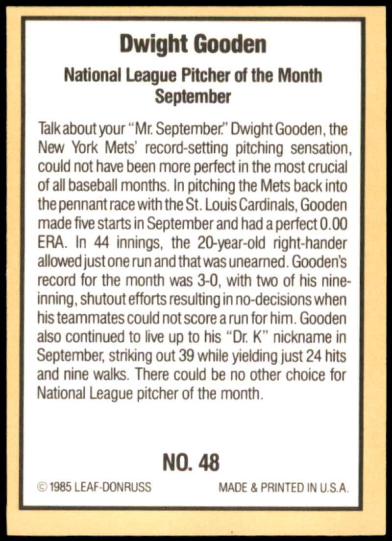 Dwight Gooden Rookie Card 1985 Donruss Highlights #48  Image 2
