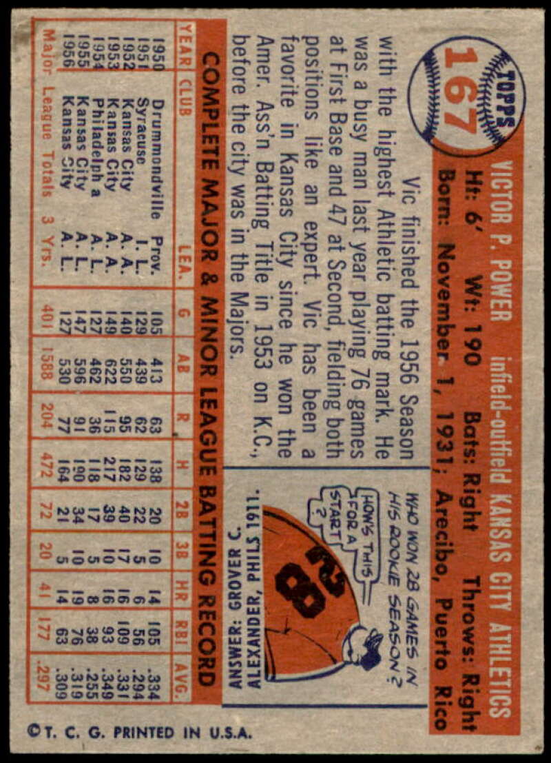 Vic Power Card 1957 Topps #167  Image 2