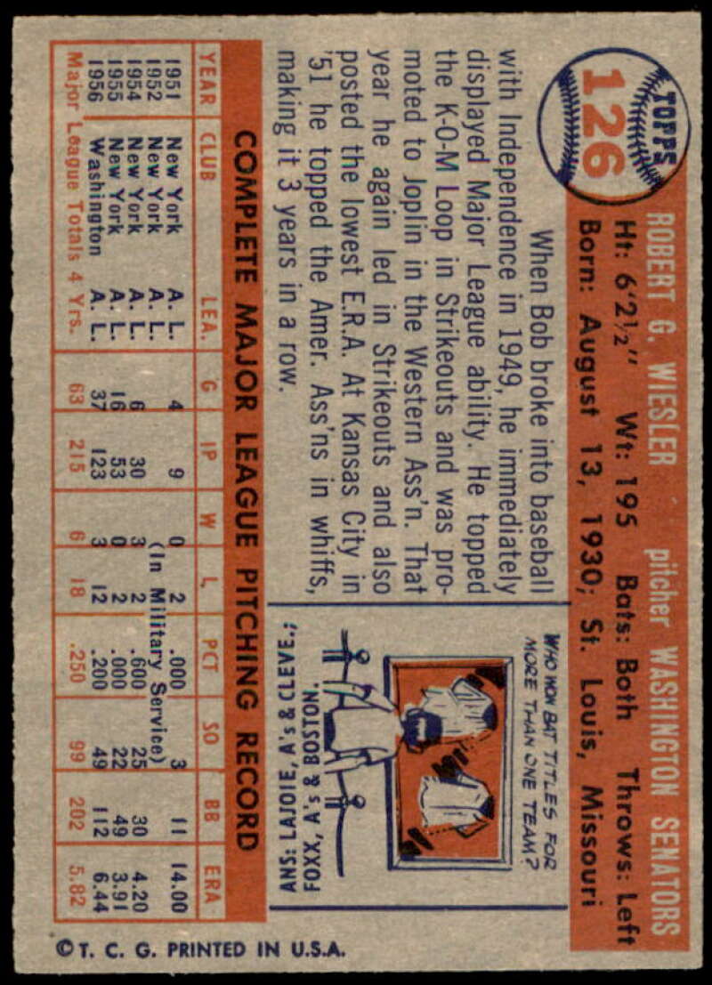 Bob Wiesler Card 1957 Topps #126  Image 2
