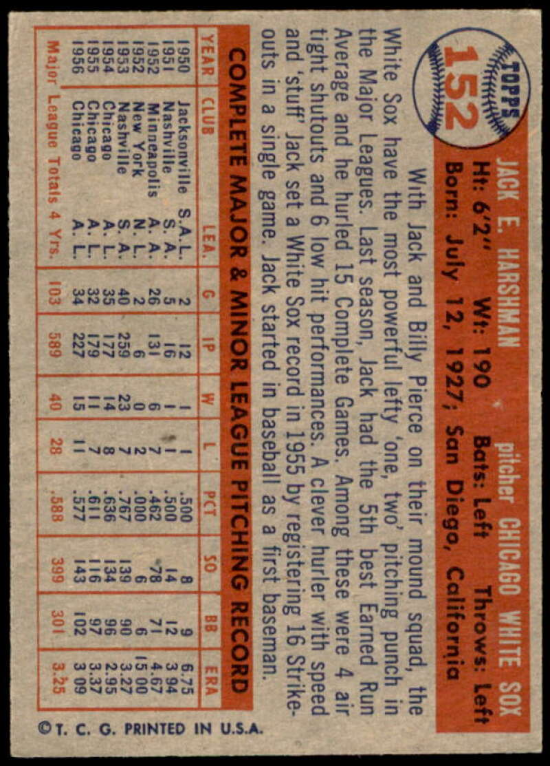 Jack Harshman Card 1957 Topps #152  Image 2