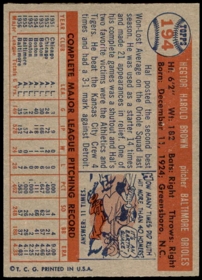 Hal Brown Card 1957 Topps #194  Image 2