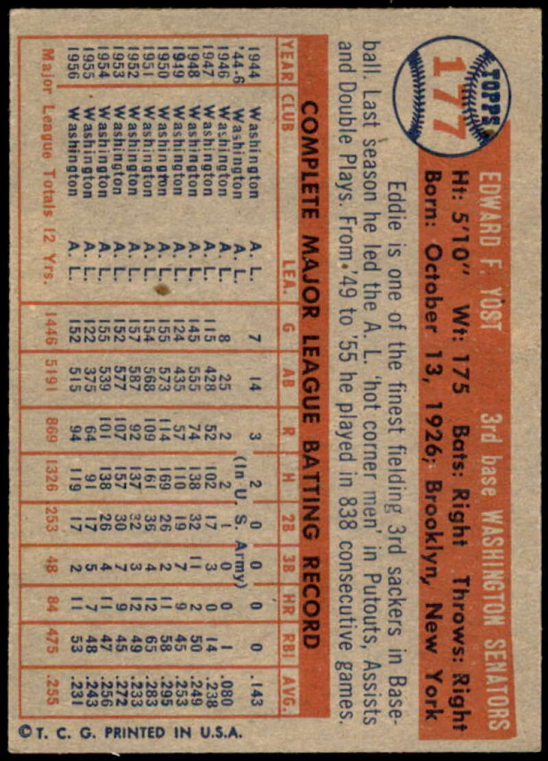Eddie Yost Card 1957 Topps #177  Image 2