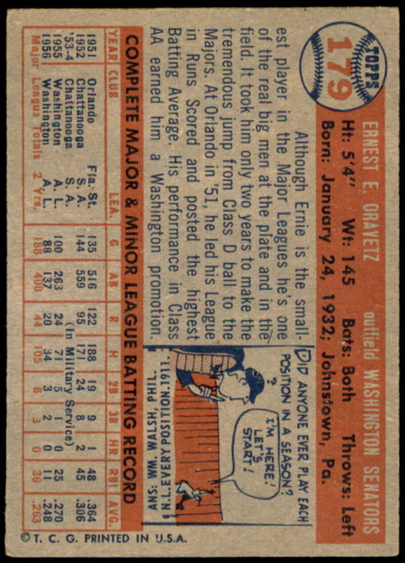 Ernie Oravetz Card 1957 Topps #179  Image 2