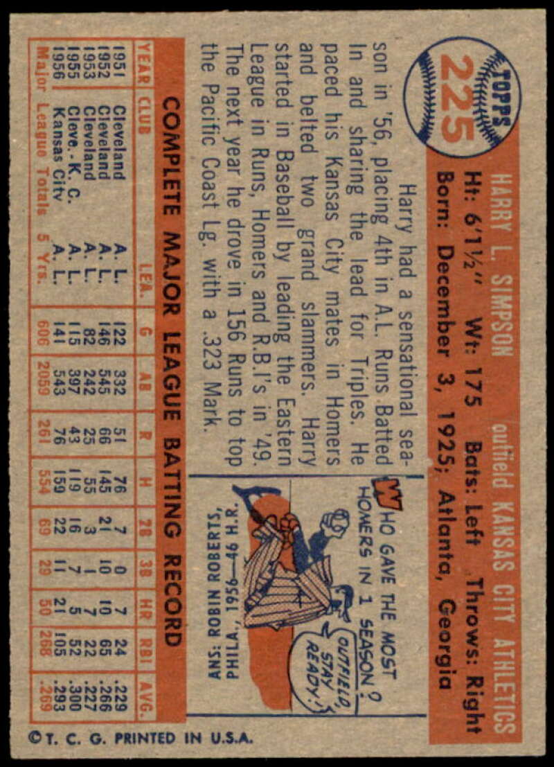 Harry Simpson Card 1957 Topps #225  Image 2